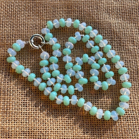 Mint Rondelle Glass & Opal Stone Beads Necklace Knotted Handmade New - Picture 6 of 10